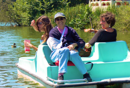 Adi, Martha, and Shlomit in the paddle boat
